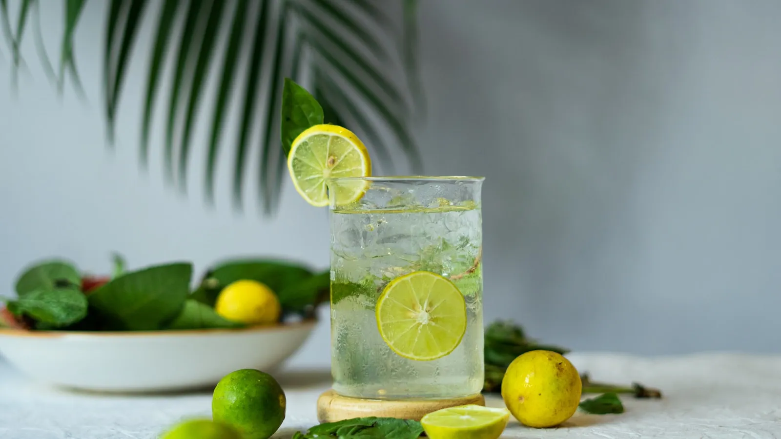 Een glas bruiswater met ijs en schijfjes limoen op een lichte tafel, met verse limoenen en muntblaadjes ernaast.