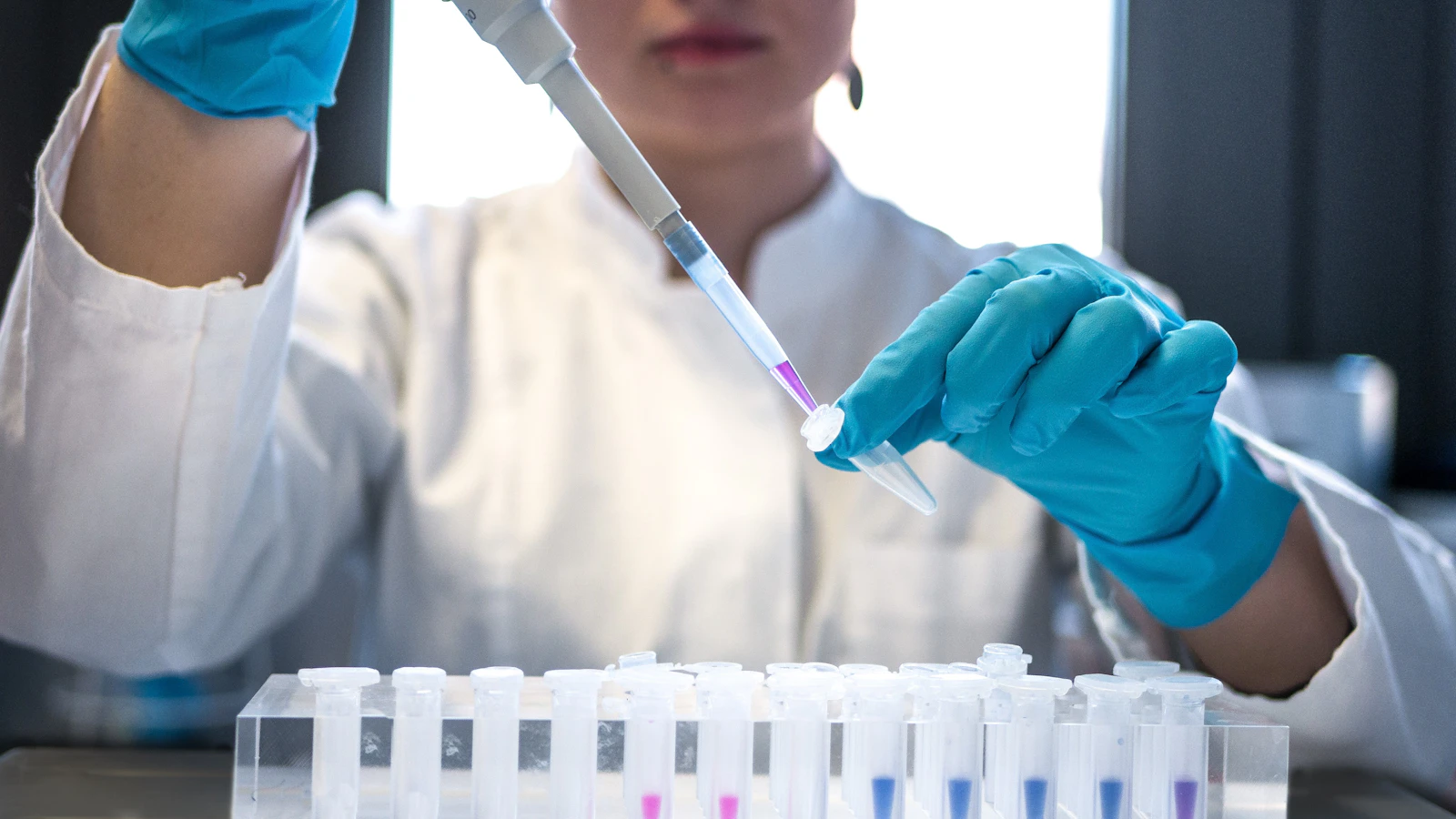 Laborant met blauwe handschoenen pipetteert een monster boven een rek met buisjes in een laboratorium.